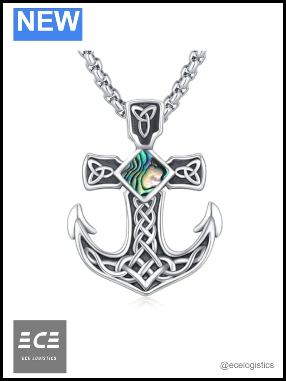925 Sterling Silver Anchor Necklace Abalone Shell Celtic Knot Pendant Nautical